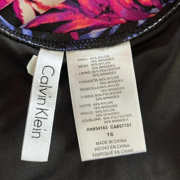 CALVIN KLEIN Twist Front Tummy Control One Piece Black Floral Swimsuit Size 16 - Picture 13 of 14